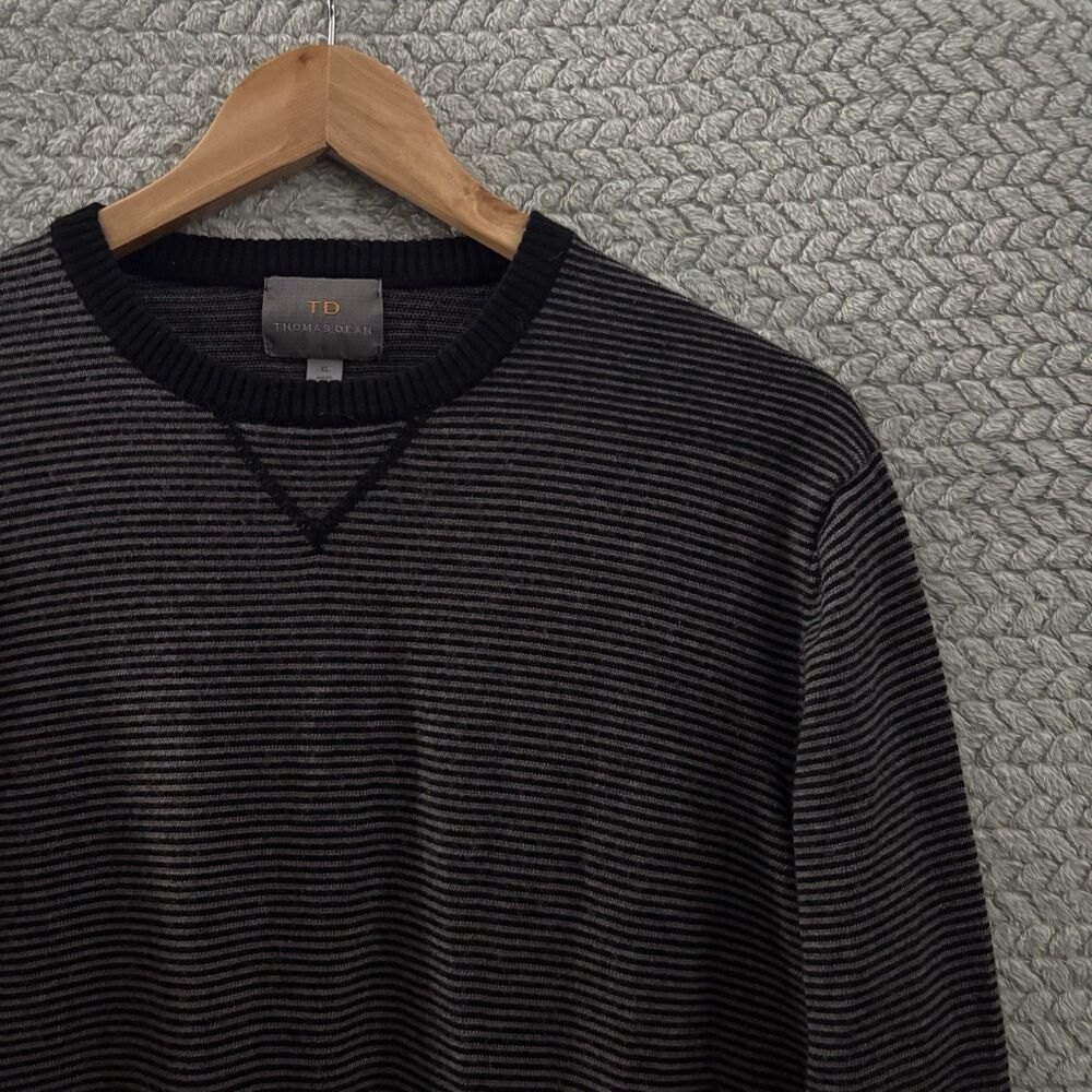 Thomas Dean Men's XL Merino Wool Sweater Grey Stripe Crew Neck Luxury Knit